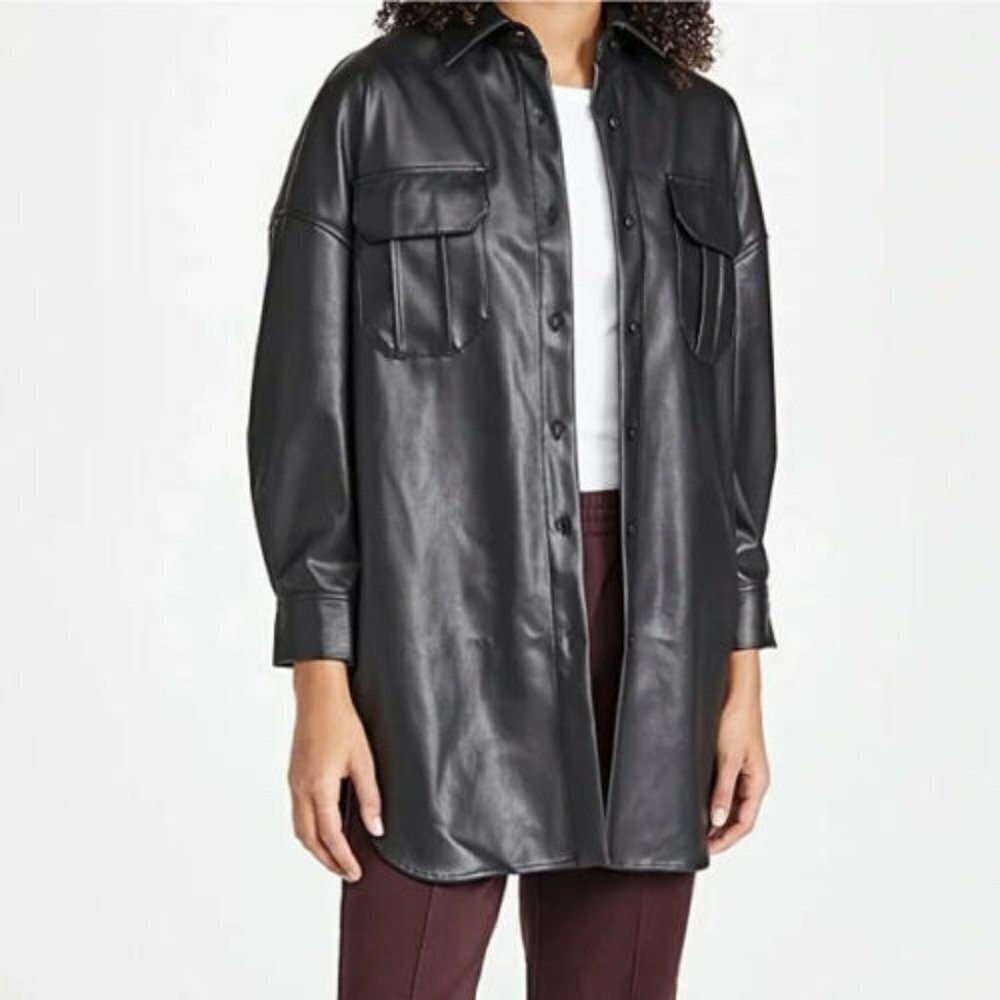 BB Dakota Womens Black Long Sleeve Oversized Faux Leather Shirt Jacket XS
